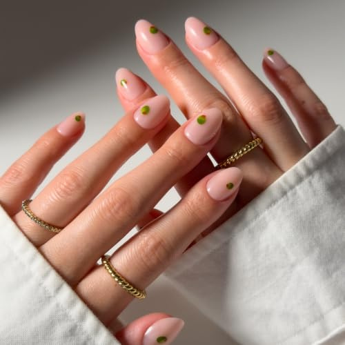 Glamnetic Press On Nails - Short Oval, Glossy Fake Nails 30 Pc Full Kit | Hand-painted olive press on nails. Luxe designer glue-on set in 15 sizes. Water-resistant, chip-resistant, up to 2 weeks wear