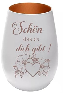 Lasergraviertes Windlicht „Schön, dass es dich gibt“ 465 ml–Geschenkglas mit Gravur, in 8 Farbvarianten, Longdrink- & Wasserglas, persönliches Geschenk für Freunde, Familie,Partner (weiß bronze)