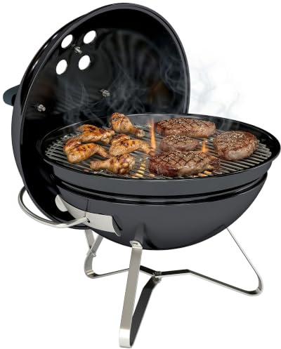 Outsunny Barbacoa de Carbón Portátil, Tapa con Soporte, Ø41x44 cm, Negro | Barbacoa de Carbón Redonda, Rejilla, Ventilación Ajustable, para Balcón, Picnic, Camping