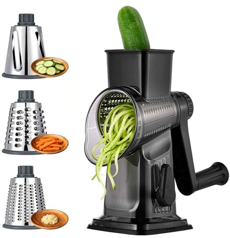 DASIAUTOEM Käsereibe mit Kurbel, Gemüseschneider mit 3 Edelstahl Austauschbaren Trommeln Blättern, Schnelles & sicheres Reiben und Schneiden, ideal für Gurken, Käse Nüsse,Karotten (Grau)
