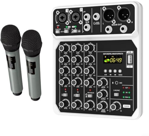 Wodsty Mixer compatto a 4 canali con alimentazione da 48 V, lettore MP3 integrato e microfoni per eventi