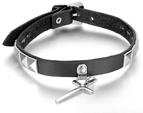 JewelryWe Schmuck Herren Damen Choker Halskette Halsband, Retro Legierung Kreuz Anhänger mit Nieten Leder Kette, Schwarz Silber