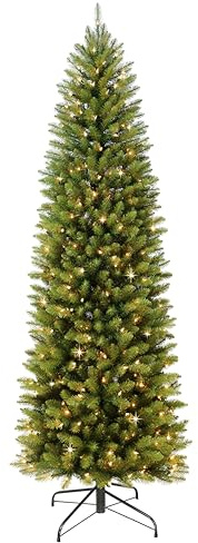 Puleo International 7.5ft Pre-Lit Fraser Fir Pencil Christmas Tree with 350 Clear Lights, 1188 Realistic Dense Branch Tips, Easy Setup Artificial Trees with Sturdy Metal Stand