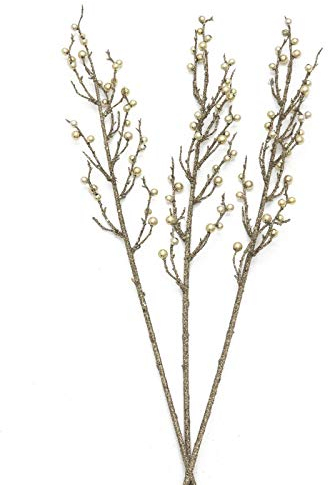 artplants.de Deko Beerenzweig in Gold, Glitzer, Set, 3 Stück, 85cm - Künstlicher Zweig - Weihnachtsdekoration