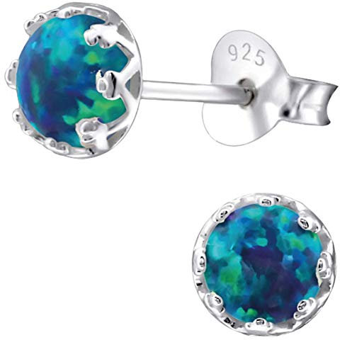 EYS JEWELRY Opal Ohrringe Silber 925 Damen Ohrstecker rund 6 mm blau-grün Schmuck Geschenke für Frauen im Schmucketui