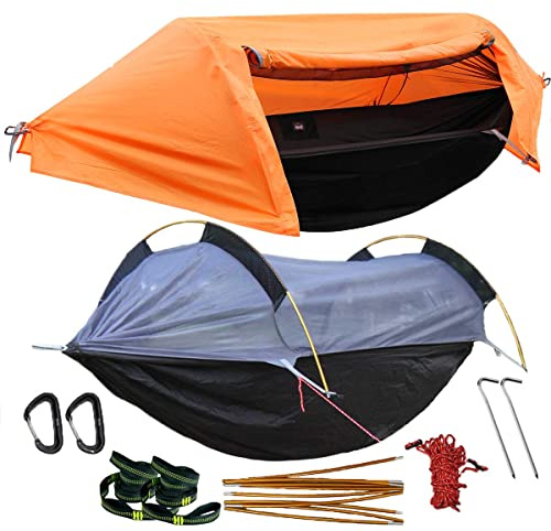 WintMing Amaca da campeggio con zanzariera e copertura antipioggia, grande amaca portatile per campeggio, zaino in spalla, kayak e viaggi (giallo)