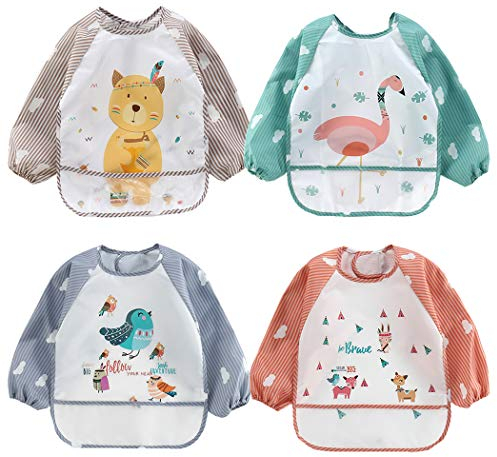 ElecMotive 4 Pack Bavoir à Manches Longue pour Bébé alimentation Imperméable à l'eau Blouse Tablier 1 à 4 ans