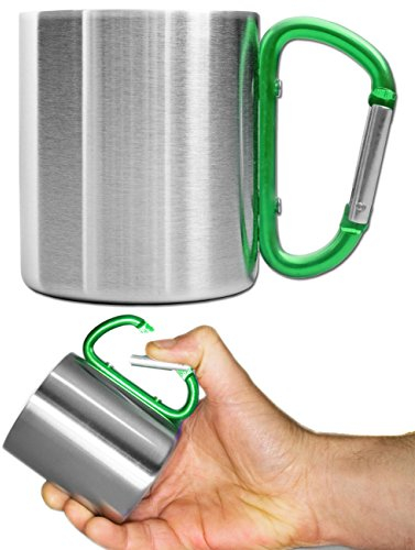 Outdoor Saxx Quart à boire, tasse de camping, compacte et légère, 200 ml, poignée vissée en mousqueton vert en acier inoxydable, pour la randonnée, le trekking, le travail