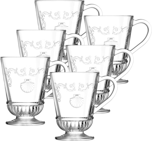 La Rochere Versailles Glass Mug Set of 6 – French Clear Coffee Cups with Baroque Shell & Floral Motif – Elegant Pressed Glass Mugs for Hot Beverages, Coffee, Tea, Chocolate & Entertaining (9 Oz)