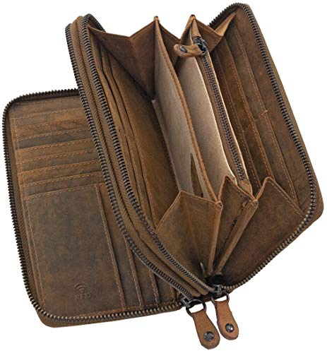 Ven Tomy Geldbörse Damen Herren groß viele Fächer Leder Portemonnaie Geldbeutel Männer Geldbörsen Frauen Portmonee Reißverschluss braun RFID Blocker