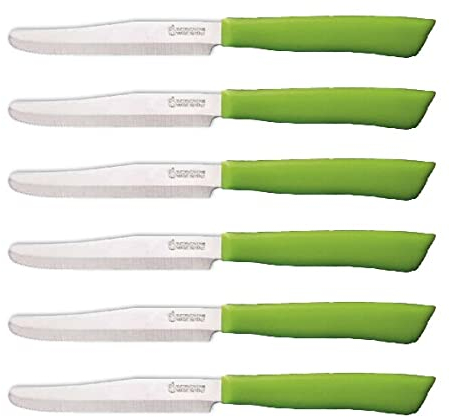Tredoni 6 Coltelli da Cucina - 11cm Acciaio Inossidabile Italiano Coltello Posate da Verdure/Bistecca/Tavola Seghettato, Punta Arrotondata (Verde)