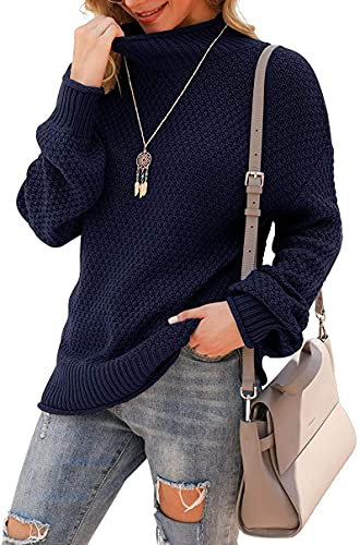 YUNDAI Womens Jumpers Turtleneck Batwing Long Sleeve Loose Oversized Sweater Knitted Pullover Solid Color Chunky Tops for Winter, Medium Navy Blue