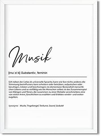 Urhome Kunstdruck Definition Musik mit Bilderrahmen Weiß in DIN A3 - Worterklärung wie im Duden Lexikon Wandbild Wanddeko mit Spruch Holz Rahmen für Wohnung Familie Freunde Geschenk
