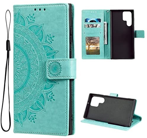 CoverKingz Handy Hülle kompatibel mit Samsung Galaxy S22 Ultra - Klapphülle mit Kartenfach Book Cover - Handy Tasche klappbar Motiv Mandala Grün