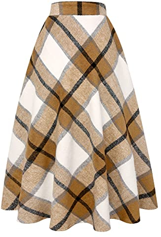 IDEALSANXUN Damen Plaid Wolle Röcke Elastische Taille A-Linie Plissee Tartan Lange Röcke, Khaki, 3X-Groß