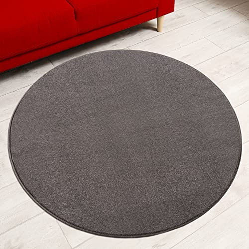 Impression Kurzflor-Wohnzimmerteppich - Schlichte Moderne Teppiche für Schlafzimmer, Büro, Flur, Küche, Kinderzimmer - Grau, 150 cm Rund