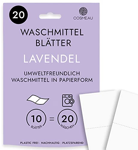 Cosmeau Waschmittel Blätter Lavendel - bis zu 20 Waschgänge (20 Blätter) - Nachhaltiges Waschmittel für Weiß, Farbe und Schwarz - Plastikfrei, Abbaubar & Perfektes Reisewaschmittel
