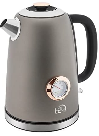 T24 Wasserkocher Retro Design in Grau Matt - Wasserkocher Edelstahl mit Analogen Thermometer – Vintage Wasserkocher 1,7 Liter Fassungsvermögen - Mit Automatischer Abschaltfunktion, Kettle