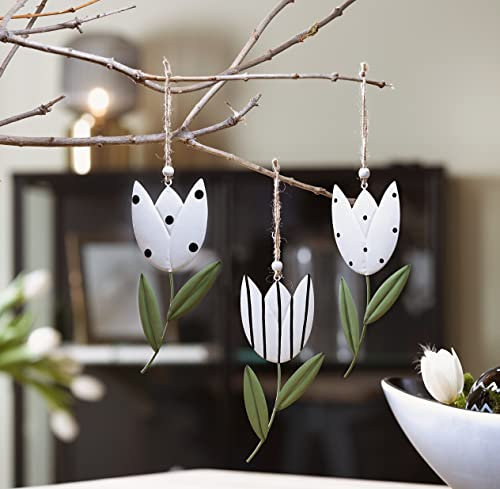 3X Dekohänger Tulpe aus Metall, Blume zum Aufhängen, schwarz/weiß/grün, Frühlingsdekoration zum Hängen, Metallblume, Osterdekoration, Moderne Fensterdekoration für das Frühjahr, Metallblüte