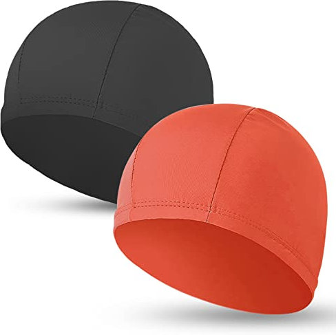 2 gorros de natación elásticos de tela para mujeres, hombres y niños, tela duradera, no impermeable, gorra de piscina (negro y naranja)