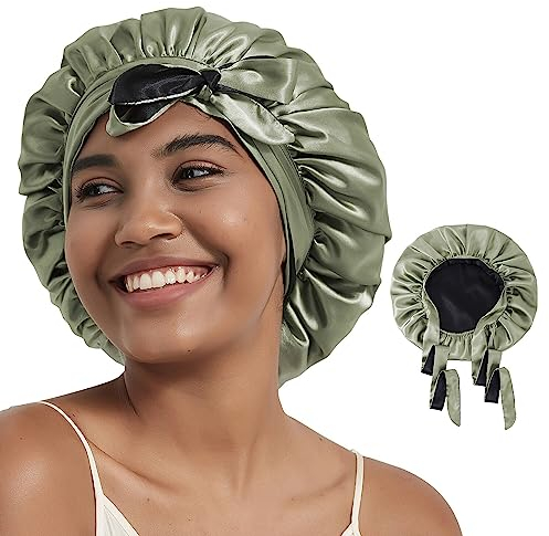 Hat Hut Schlafmütze Seiden Haarhaube Satin Schlafhaube für Locken Seidenhaube zum Schlafen Silk Bonnet Schlafkappe für Damen und Mädchen (Olivgrün/Schwarz)