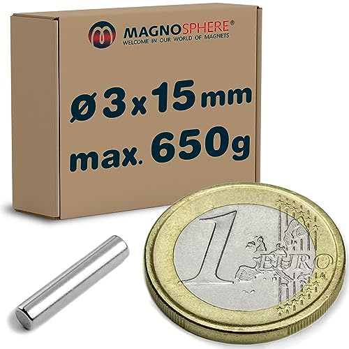 Stabmagnet Neodym Magnet-Stab rund extra stark - Haftkraft bis 10 kg - Starke NdFeB Zylinder-Magnete für Industrie und Zuhause, Stückzahl/Größe: 60 Stück - Ø3x15mm | 650g Haftkraft