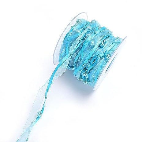 Duories 10m Perlengirlande mit Organza,8+3mm Perlenband,Geschenkband,Trendyband,Schleifenband,Dekoband Hängedeko Tischdeko Dekokette für Hochzeit Weihnachten Taufe Geburtstagsgeschenke,Blau