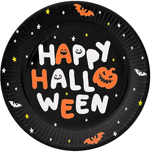 Folat B.V.- Folat Platos con 'Happy BoOo-23 cm-8 Piezas-Decoración de Halloween: Calabaza, Fantasma, araña, Bruja, Multicolor, 23 centimeters (23870)