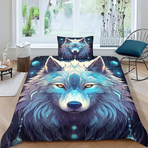 BARDYS Blue Wolf Jungen Mädchen Bettwäsche-Sets 3D-Druck Wolves Bettbezug Weiche Mikrofaser Steppdeckenbezug Und Kissenbezug Mit Reißverschluss.Geeignet Für Teens Single（135x200cm）