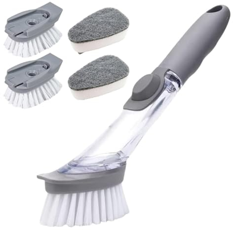 Yuqilin Juego de 5 Piezas Cepillo Limpieza, Cepillo con Dispensador de Jabon, Gris Productos de Limpieza para el Hogar, Viene 4 Cabezales Cepillo Intercambiables, para Sartenes, Cubiertos