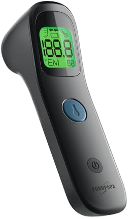 EUROPAPA Fieberthermometer für Baby Kinder Erwachsene, Infrarot Stirnthermometer mit Fieberalarm, °C/°F Schalter, 30-facher Messwertspeicher (Schwarz)