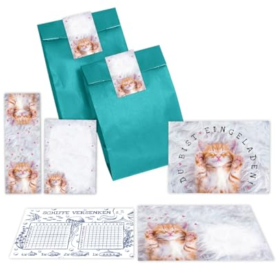 Minkocards 12 Einladungskarten zum Kindergeburtstag Mädchen Katze Einladungen zum Mädchengeburtstag incl. 12 Umschläge, 12 Tüten/petrol, 12 Aufkleber, 12 Lesezeichen, 12 Blöcke, 12 Schiffe versenken