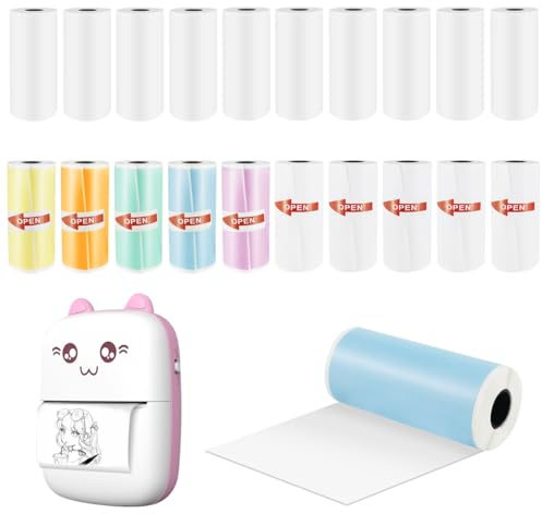 20 Rollen Mini Drucker Printer Sticker Thermopapier 57x25mm Set,5 Farbige Thermodrucker Papier,10 Weiße und 5 Selbstklebende Aufkleber Thermodruckerpapier, für Drucker, Thermopapier Kinderkamera