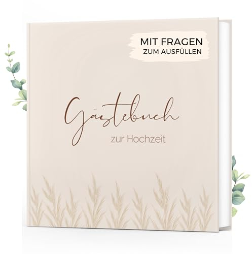 memoriecation Gästebuch Hochzeit mit Fragen zum Ausfüllen - Hochzeitsgästebuch für deine Traumhochzeit - Hochzeit Gästebuch, Hochzeitsbuch, Hochzeitsalbum, Hochzeitsgeschenk (Pampasgras/Beige)