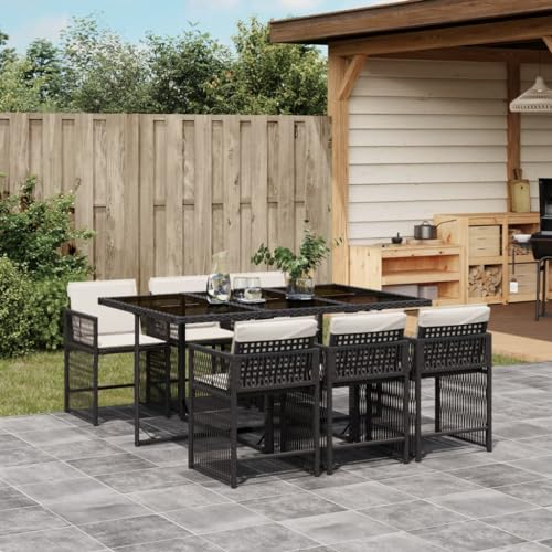 Keyroto 7-TLG. Garten-Essgruppe mit Kissen Schwarz Poly Rattan, Balkon Sitzecke, Balkon Tisch Und Stühle, Gartentisch Mit Stühlen, Gartengarnitur Set, Essgruppe Garten