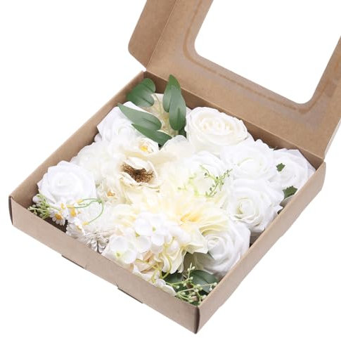 QUARKZMAN Teste di Fiori Artificiali, Rose Finte Bianche per Artigianato Fai da Te Matrimonio e Decorazioni per Feste Circa 24pz
