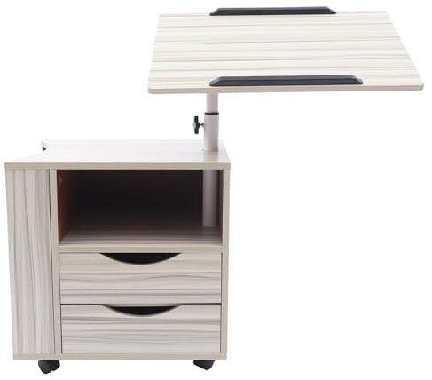 LOIRIIC Nachtschrank Nachttisch mit Hubplatte und offenem Ablagefach Mobiler Beistelltisch Sofatisch auf Rollen Verstellbare Nachtkommde 2 Schubladen Nachtkonsole für Schlafzimmer/Wohnzimmer, Weiß