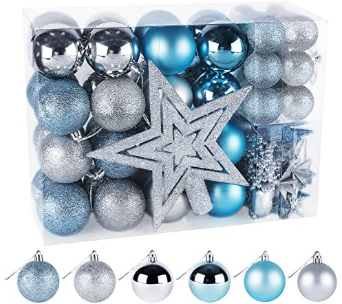 ilauke 70er Set Weihnachtsbaum Deko, Weihnachtskugeln Kunststoff Weihnachtsbaum Kugeln Weihnachtsbaumkugeln Christbaumkugeln Blau Mit Weihnachtsbaum Deko Anhänger Für Christbaumschmuck Party Home
