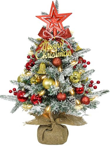 Elecoutek 60CM Mini Artificial Christmas Tree with LED Lights, Small Xmas Tree with Star Topper, Balls, Bows, Pine Cones for Christmas Decorations (Red, Gold, Silver)