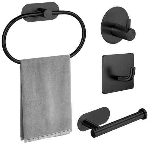 4 Pcs Bathroom Accessories Set, VEGCOO Self Adhesive Toilet Roll Holder, Oval Towel Holder and 2 Hooks, Stainless Steel Wall Mounted Bathroom Accessories Set for Bathroom Kitchen, No Drilling (Black)