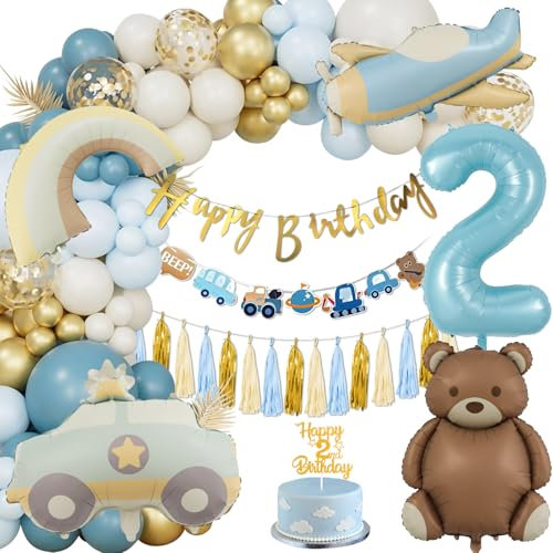 Geburtstagsdeko 2 Jahre Jungen, Bären Deko Kindergeburtstag 2 Jahre, Luftballon Geburtstag Deko 2. Blau Gold, Happy Birthday Girlande Banner Tortendeko 2 Folienballon Geburtstag Party Dekoration Junge