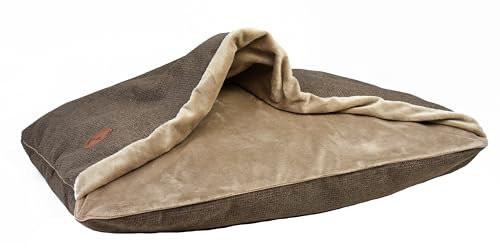 Lauren Design NEL Hundebett für Mittelgroße und Kleine Hunde - Flauschiges Katzenbett Haustierbett Mit Kapuze, Rutschfest und Waschbar (Braun + Cappuccino, XL 100 x 80 cm)