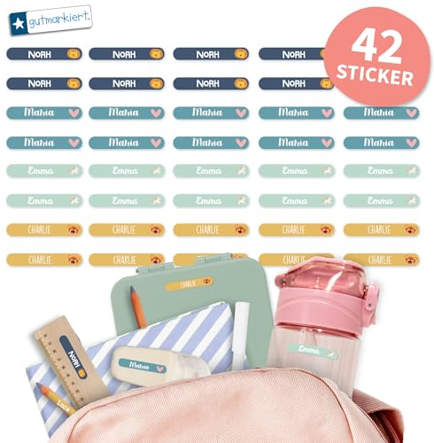 Gutmarkiert – Mini Namensaufkleber für Kinder – Personalisierbare Namensetiketten mit Namen & Symbol – wasserfest und langlebig – Ideal für Schule & Kindergarten. Format: 38x6mm. (Playground, 42)