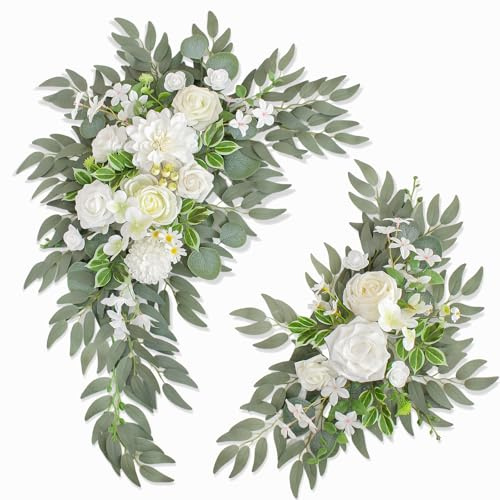 BMQDSM Wedding Welcome Signs Floral(Pack of 2)，Wedding Arch Flowers for Wedding Decorations and Reception Backdrop Decoration (New White)