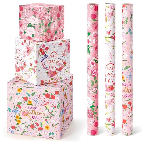 WERNNSAI Muttertags Geschenkpapier – 3 Rollen 43 cm x 3 m Geschenkpapierrolle zum Muttertag Rosa Nelken Tulpen Blumenmuster Geschenkverpackung Muttertagsgeschenke für Frauen mit Schnittlinie