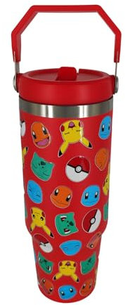 HOX Pokemon 30oz / 900 ML Red Travel Mug Coffee Cup Tumbler with Leakproof Straw & Lid | Stainless Steel Double Wall Vacuum Insulated Water Bottle for Office or Car | Cold for 17Hrs & Hot for 5Hrs
