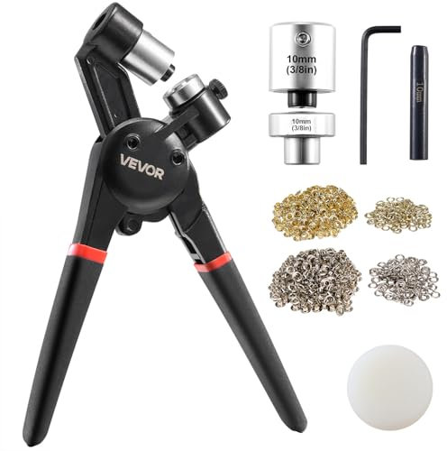 VEVOR Kit di Strumenti per Occhielli, 500 Pezzi, Occhielli in Metallo da 10 mm in Oro e Argento, con Pinza Manuale per Occhielli, Perforatore e Blocco, per Teloni in Pelle, Scarpe, Cinture