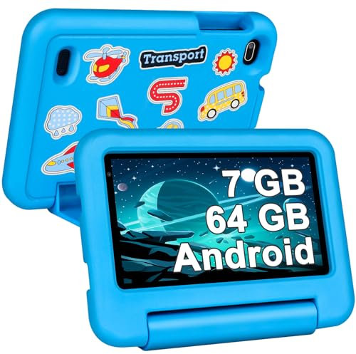 BIEGEDY Tablet Niños Android,Kids Tablet 7 Pulgadas 7GB RAM + 64GB ROM + TF 1TB,Control Parental | Educación Infantil + Juegos | Cámara Dual | Bluetooth 5.0 | 1024 * 600,Tbalet con Funda EVA Azul