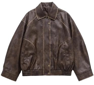Giacca da motociclista da donna primaverile vintage allentata corta in ecopelle Streetwear femminile retrò cintura cerniera motociclista, Marrone, S