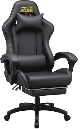 RMF Sedia Gaming Professionale Ergonomica Reclinabile, Poltrona Gaming Seduta Comoda e Rilassante con Poggiapiedi - Sedia per Gamer con Ruote Girevoli, Altezza Regolabile Nero